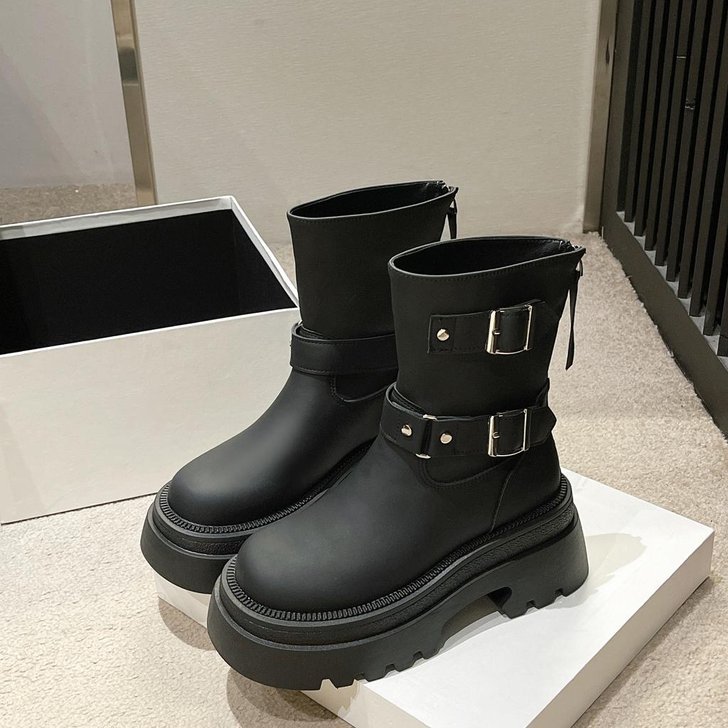 Britischer Stil Retro Plateau Martin Stiefel Damen Herbst 2025 Neu Gürtelschnalle Dicker Absatz Reißverschluss hinten Dünne Kurze Stiefel