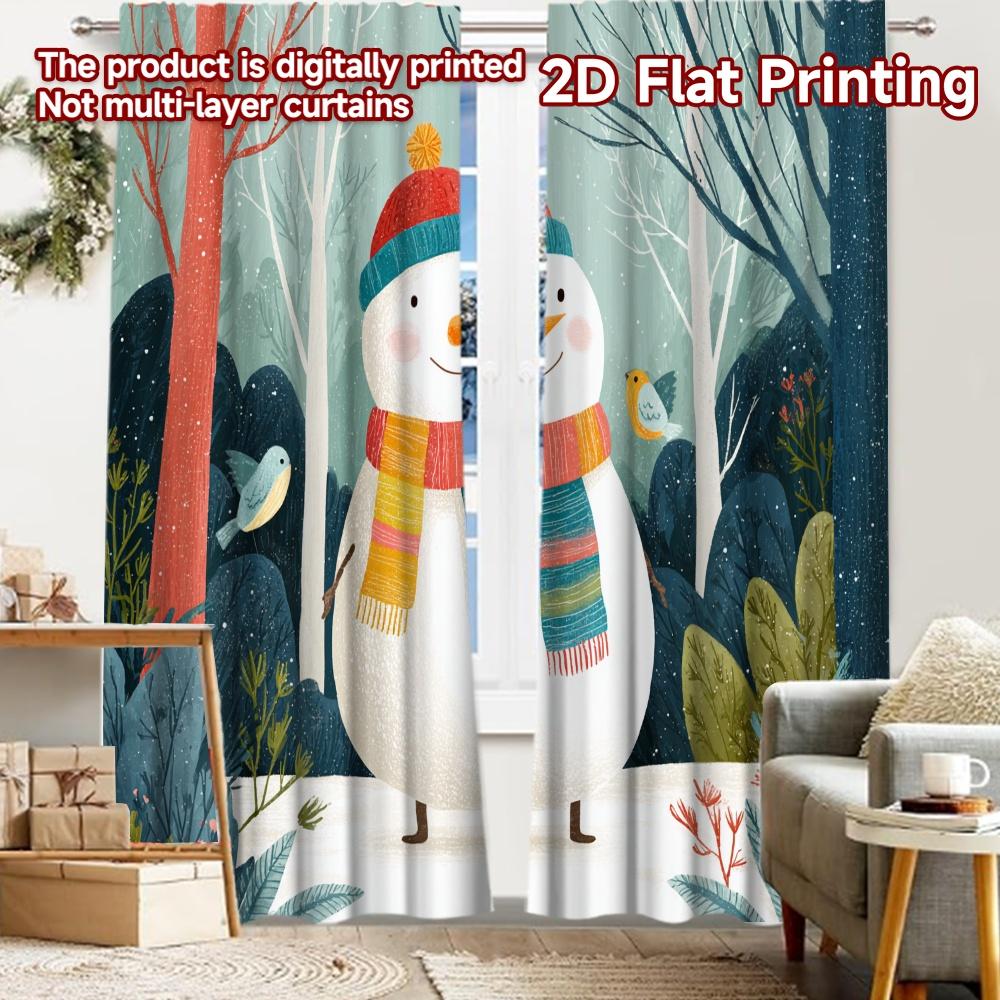 2pcs, 2D FLAT PRINTING Curtains (Without Rod) Snowy Friend Christmas Festival Fashion Curtains Polyester Curtains Thermal