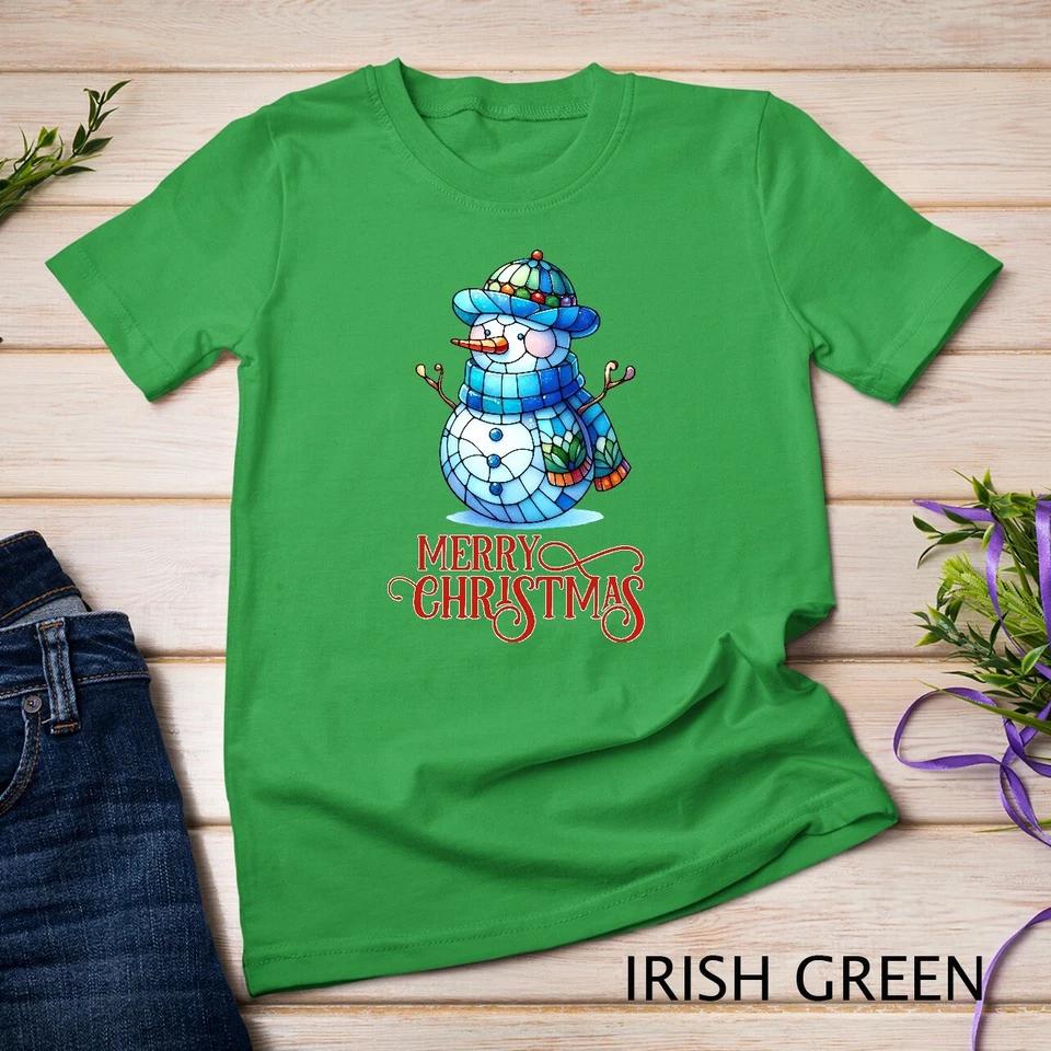 Cute Stained Glass Snowman Christmas Graphic Tee Funny Christmas Unisex T-shirt 4 L