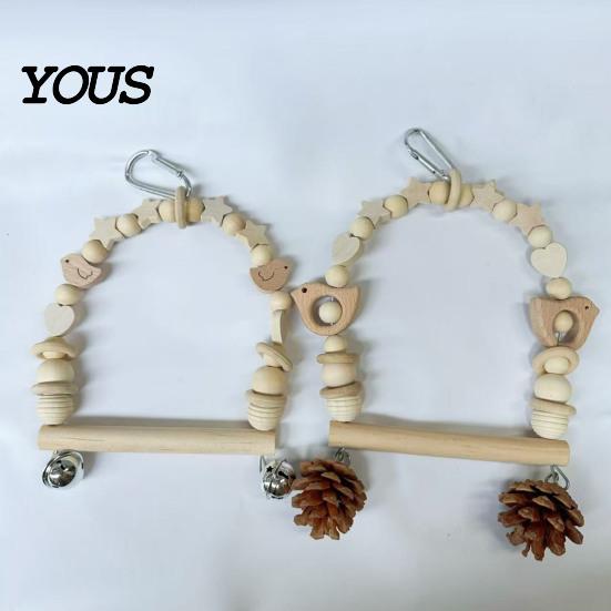 Wooden Blocks Bird Chew Toy Parrot Swing Perch, Toy, Beaded Arch Play Gym with Bells or Pine Cones, Cage Accessories for Parakeet Cockatiel
