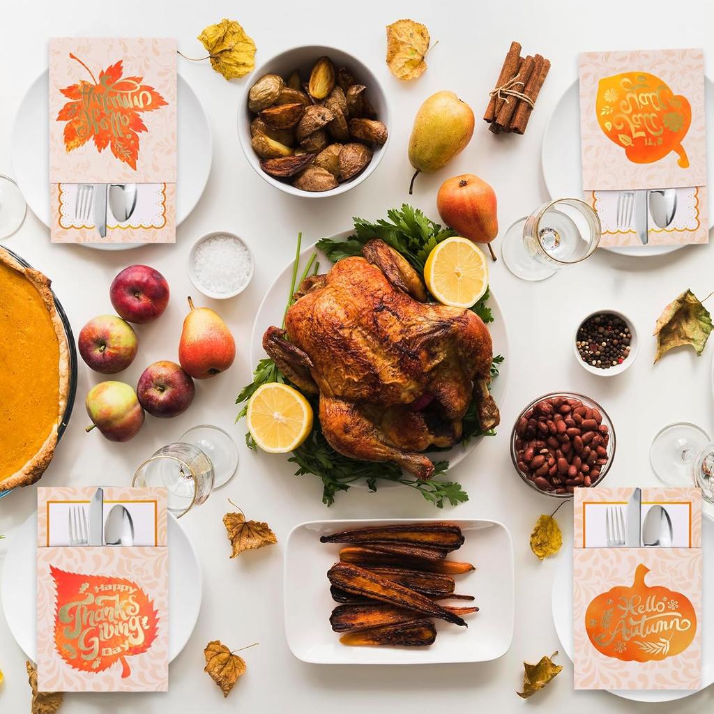 FOIMAS Thanksgiving Cutlery Holder,24 Pack Pumpkin Turkey Cutlery Utensil Holders for Fall Thanksgiving Harvest Party Dinner Table Decoration Supply