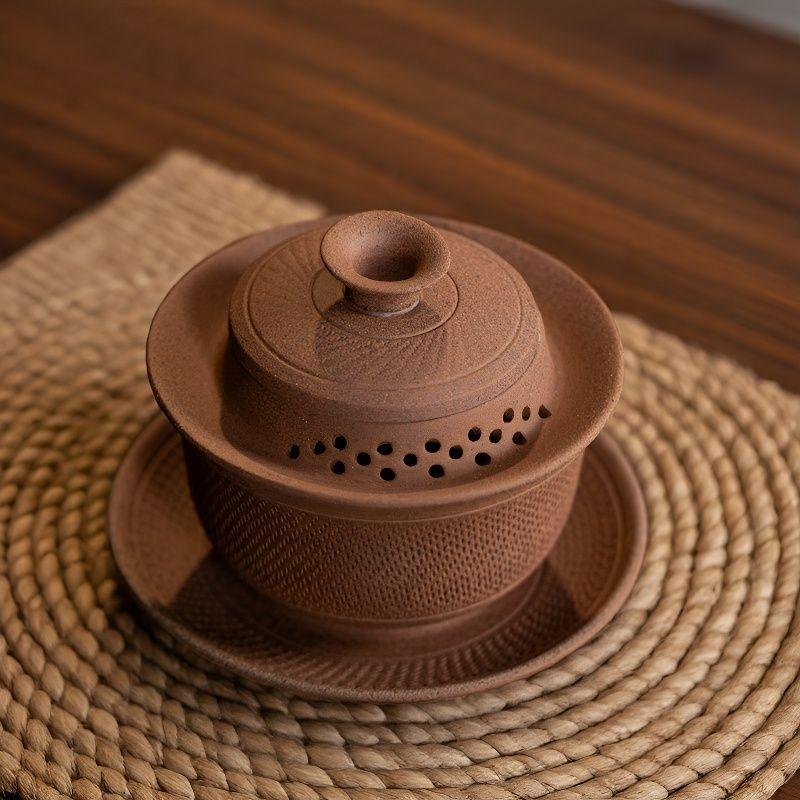 Coarse Pottery Old Rock Clay Raw Gaiwan Ore Handmade Tea Tureen Anti-Scald Large Tea Bowl Chinese Traditional Tea Set Household