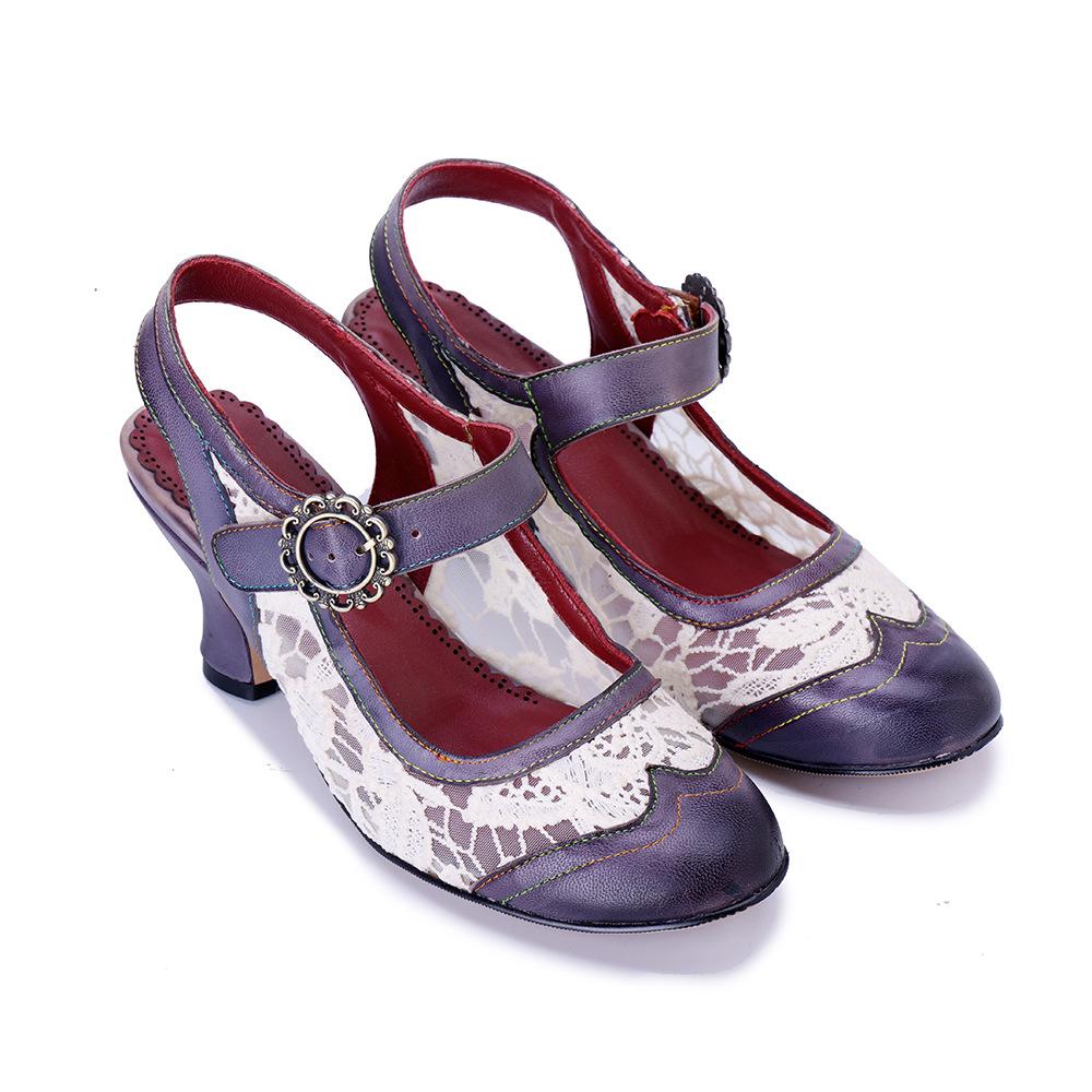 Johnature Women's Shoes Genuine Leather Retro Splicing Lace Comfortable Middle Heel Sandals