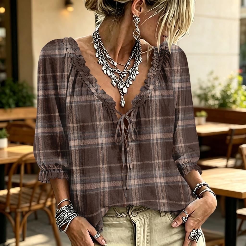 Women's Casual Plaid V-Neck Ruffle Blouse with Tie Neck