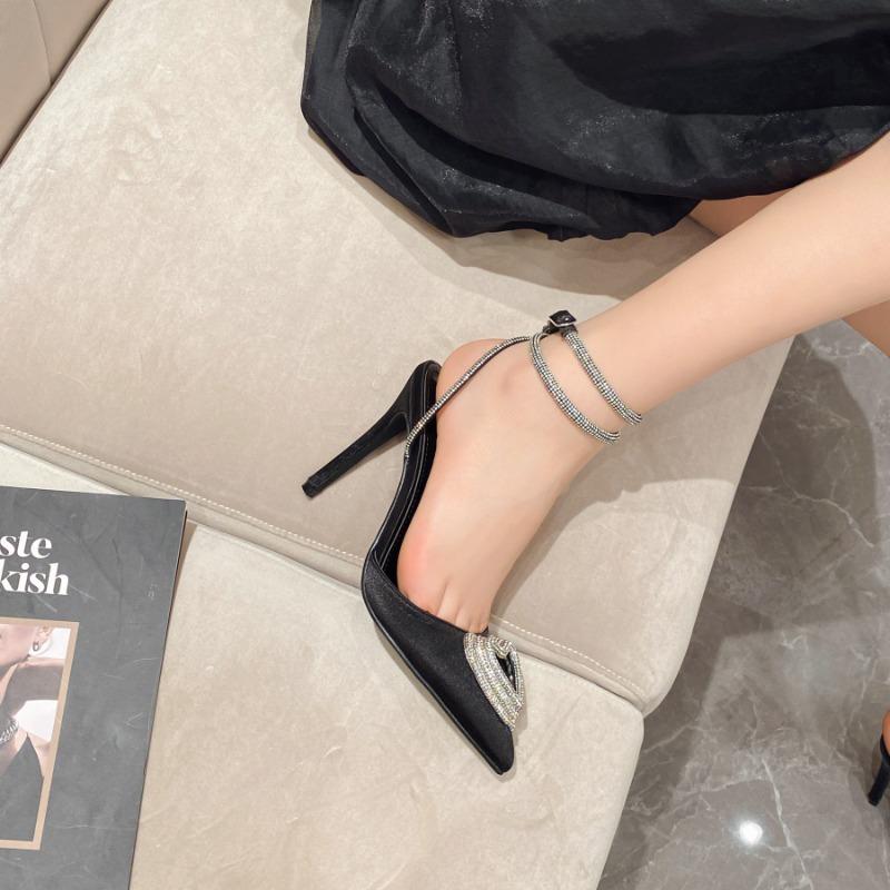 Black bag head sandals women's summer new thin heel love rhinestone strap empty sexy thin heel high heels