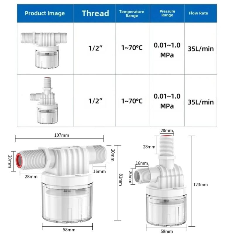 Torre valvola di controllo automatico del livello dell'acqua da 1/2" 3/4" con sfera galleggiante installata all'interno del serbatoio, ingresso e uscita senza spina.