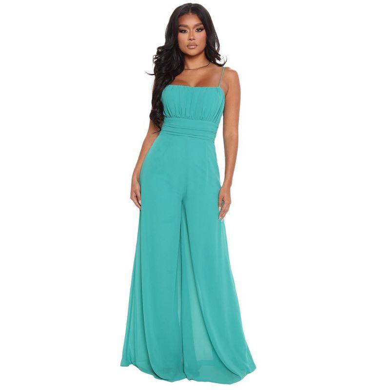 

Nipped Waist Loose Jumpsuit Waist-Defined Chiffon Solid Color Sexy Sling Women s Wide-Leg Jumpsuit