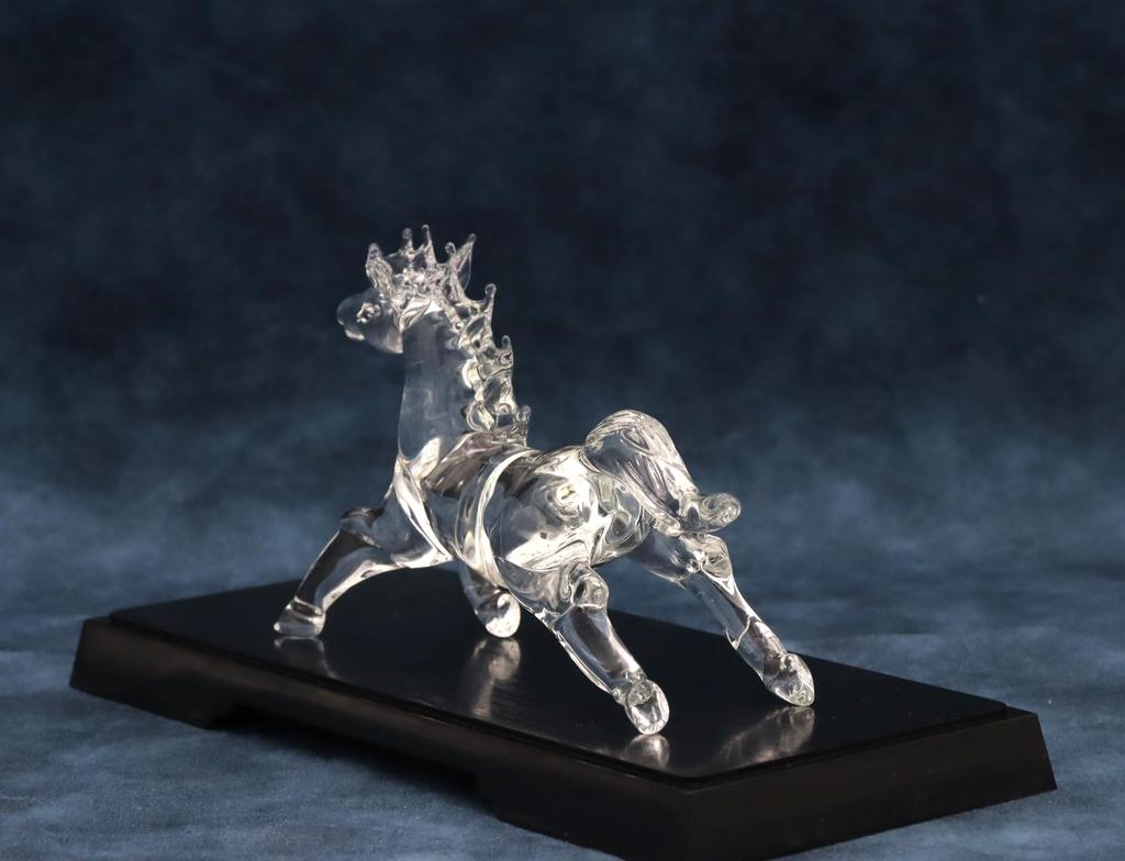 Glass Square Good Fortune Charm: Running Glass Horse (Small) - Symbolizing Vitality, Drive, and Energy To Enhance Success. Transparent with Display St