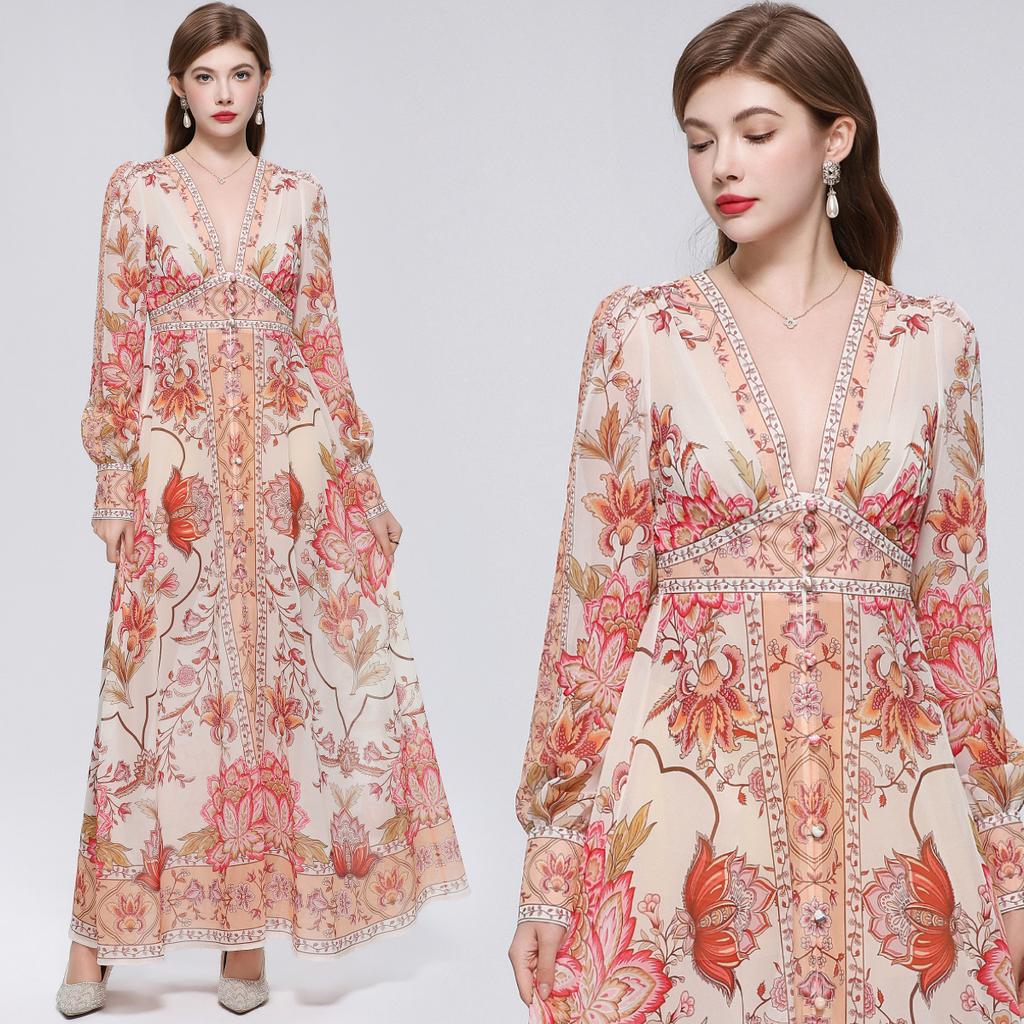 Summer Holiday Gorgeous Flower Beach Dress Women Deep V-Nek Long Sleeve Floral Print High Elastic Waist A-Line Maxi Dress