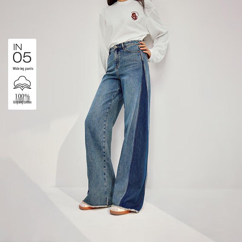 

INMAN Women s Retro Color-block Patchwork Cotton Wide-leg Jeans 29
