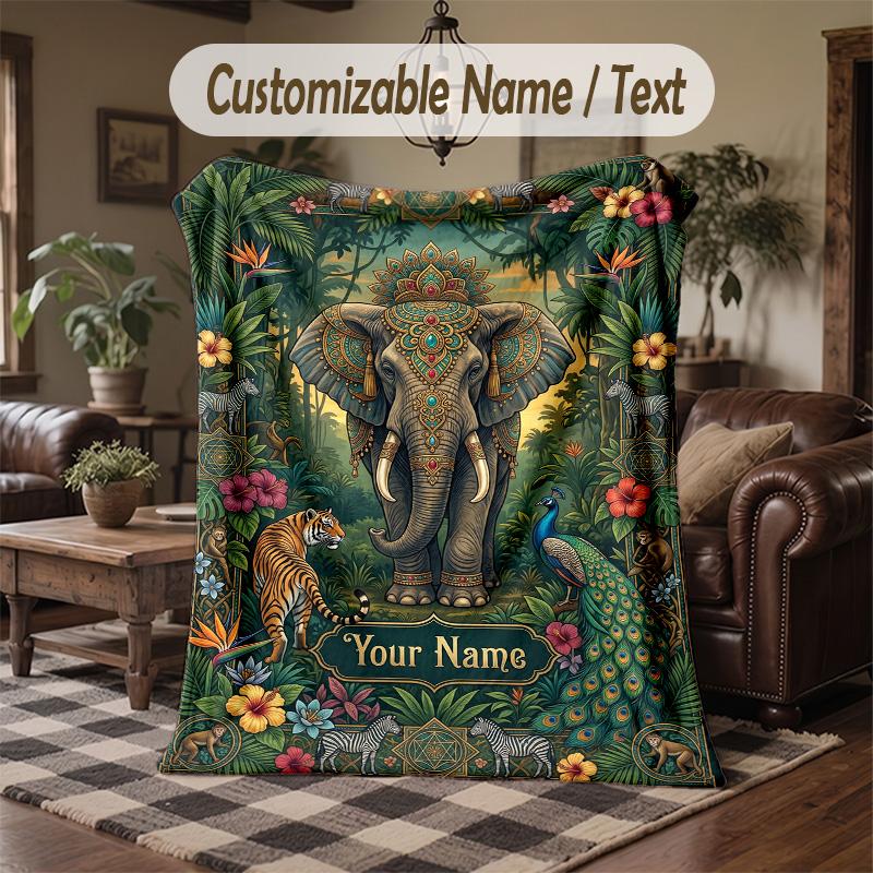 Jungle Animal Parade Theme Throw Blanket Custom Name Text Personalized Blanket Soft Cozy Blanket for Home Sofa Bed