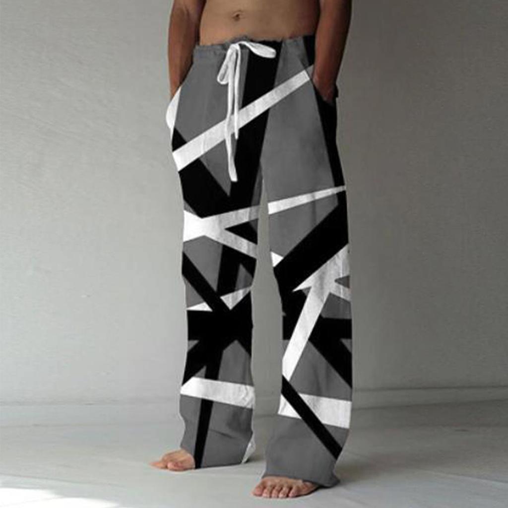 Men's Loose Casual Color Cotton Linen Trousers Elastic Tie Printed Straight Pants