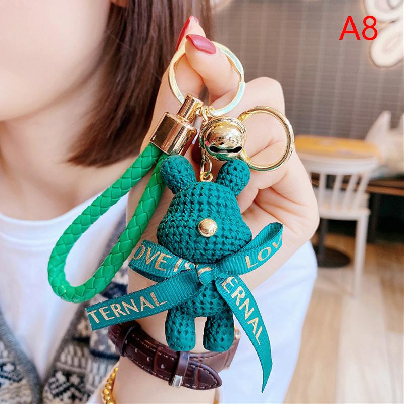 Cute Resin Woolen Little Bear Bow Rabbit Keychain Holiday Car Key Ring For Girls Creative Gift Weaving  Doll Bag Pendant