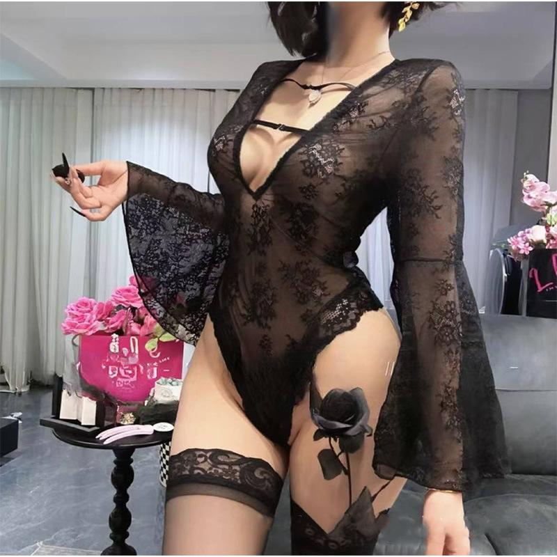 Sex Underwear Sexy Lace Perspective Seduction Lace Hollow Mesh Deep V Horn Sleeves