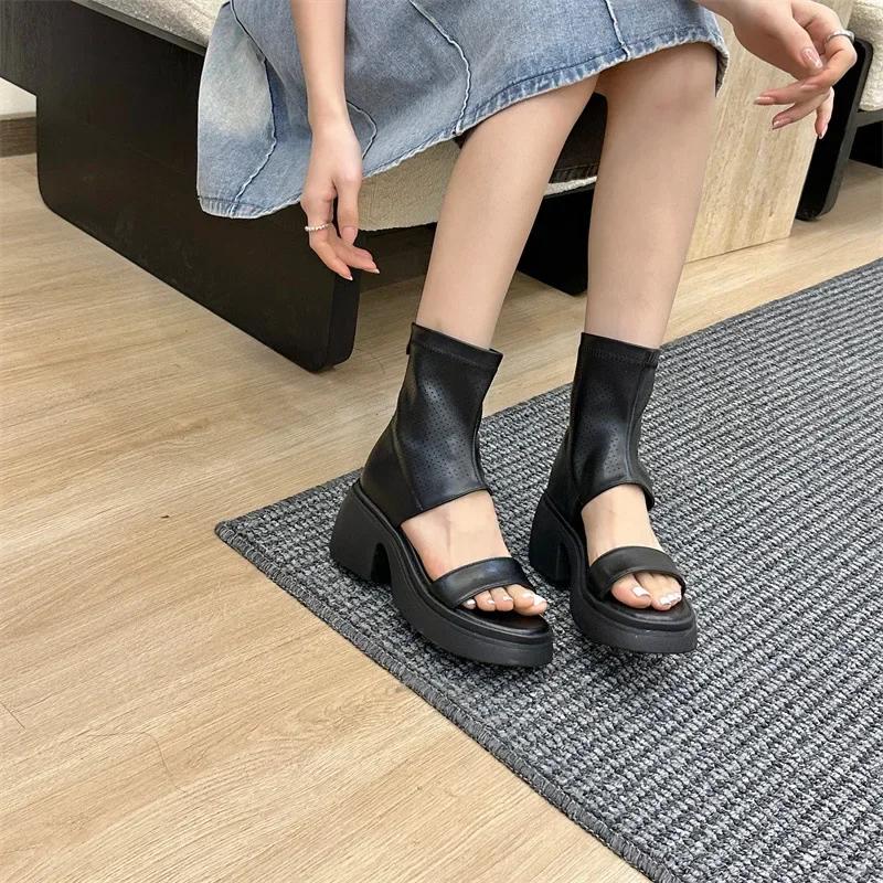 Retro Platform Peep Toe Sandals for Women Thick Heel Roman Shoes Hollow High-Top Rear Zipper Square Heel Cool Boots