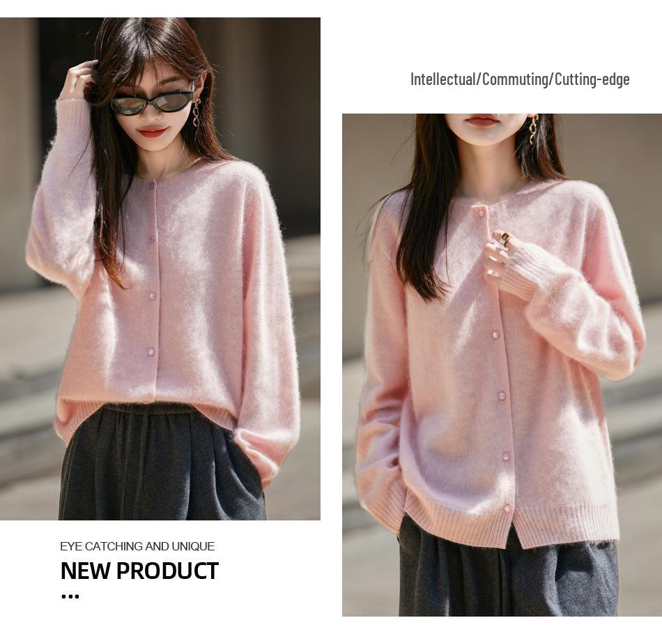 Women's Korean-Style Brushed Wool Cardigan - Round Neck, Chic Knit Outerwear Sweater, New for 2025.