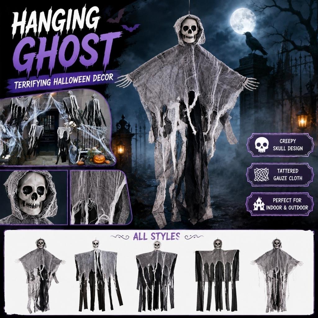 Halloween Hanging Skeleton Ghost Prop with Gauze Fabric Outdoor Yard Haunted House Decoration for Spooky Atmosphere Setup