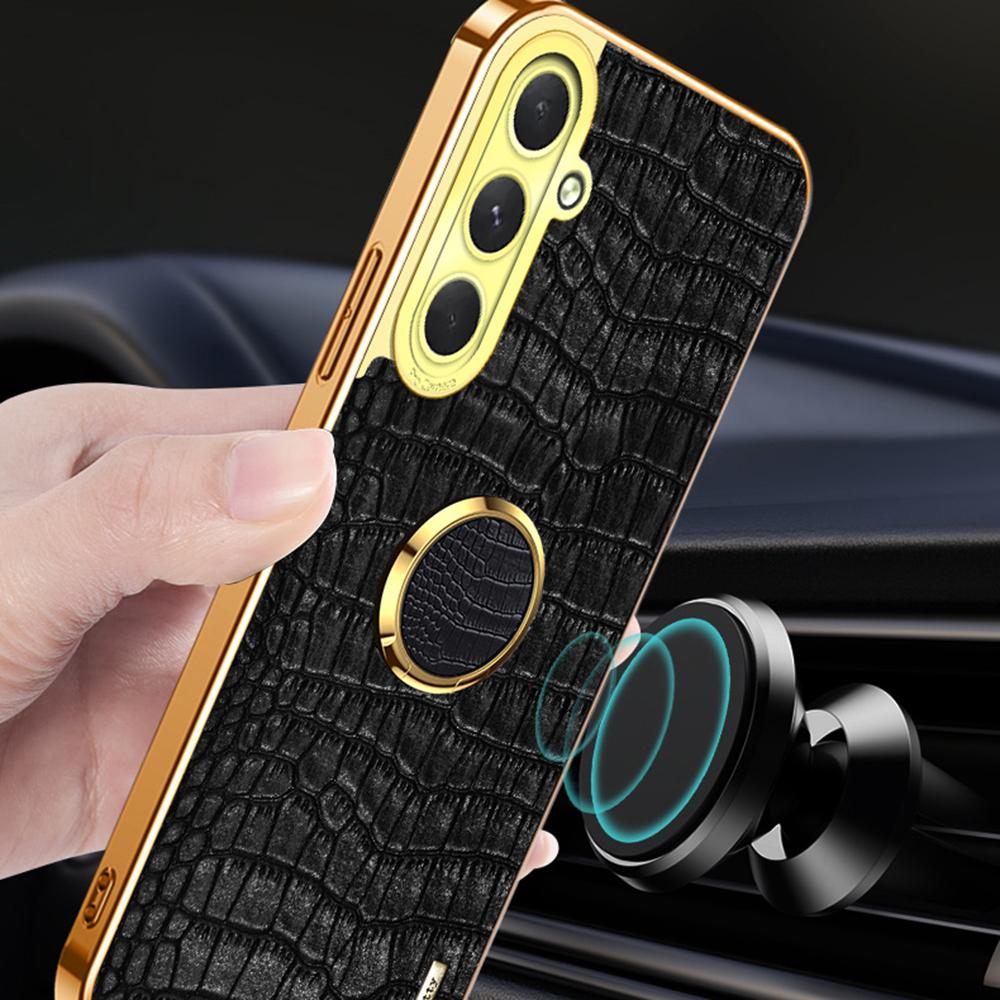 For Samsung Galaxy S24 FE Case Finger Ring Kickstand TPU+Leather 6D Electroplating Phone Cover