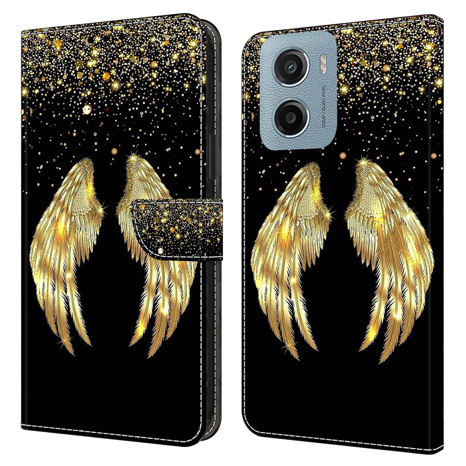 

For Motorola Moto E15 4G Case 3D Pattern PU Leather Wallet Phone Cover with Stand Gold Wing
