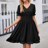 Women's Fashion Solid Colour V-Neck Waist Slimming Beach Casual Dresses
