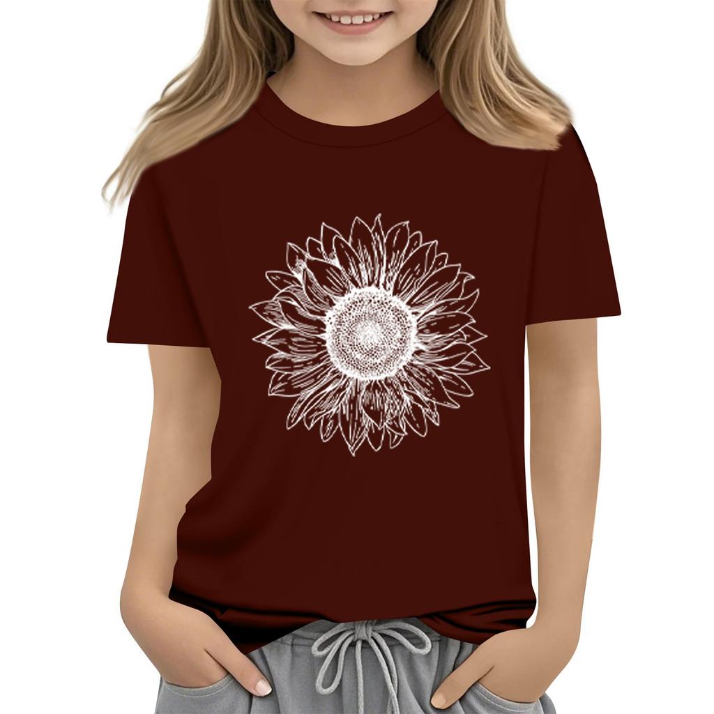 Summer Kids Round Neck Top Sunflower Short Sleeve T-shirt Top