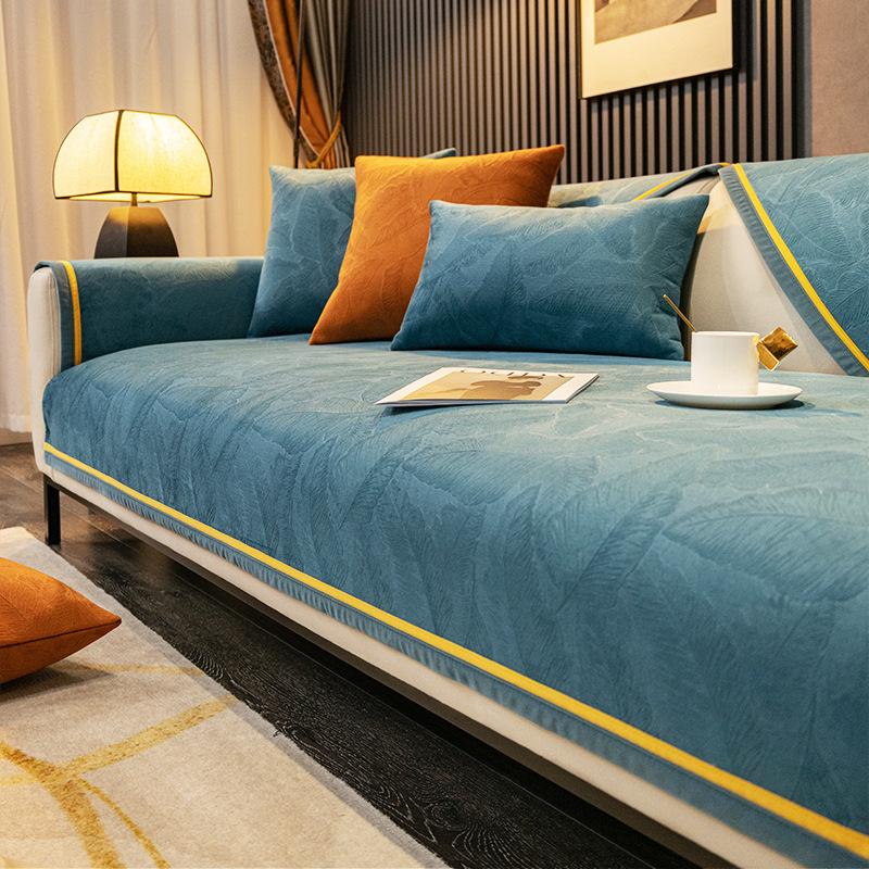 Sofaovertrekk Jacquard Kort Plysj Stue Sofahåndkle Fire Sesonger Sklisikkert Støvtett Møbelbeskyttelsesdeksel Gul Kant