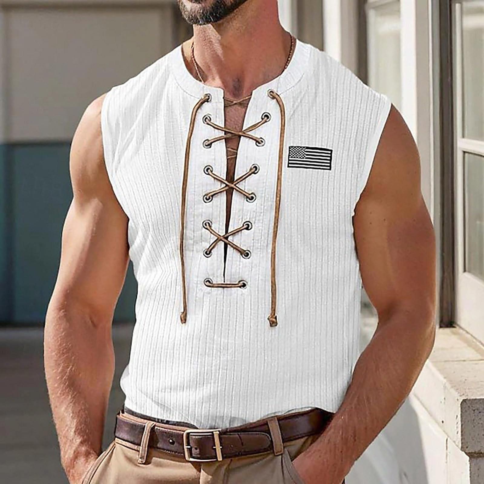 

Мужская футболка в стиле ретро с V-образным вырезом, шнуровкой, вышивкой, с короткими рукавами M белый