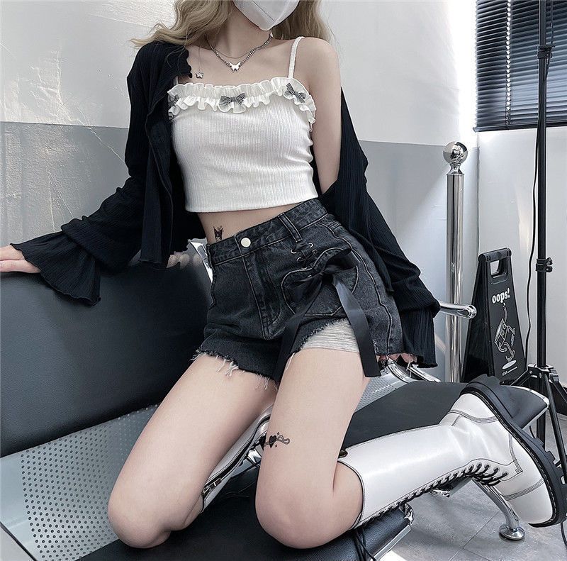 Bow Tie Torn Hole Denim Shorts for Women In Summer Korean Version High Waist Loose Fit Slimming and Wide Leg Hot Pants