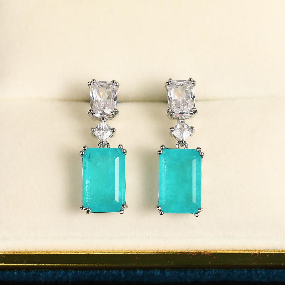 Cao Shi Geometric Square Zircon & Paraiba Sapphire Earrings