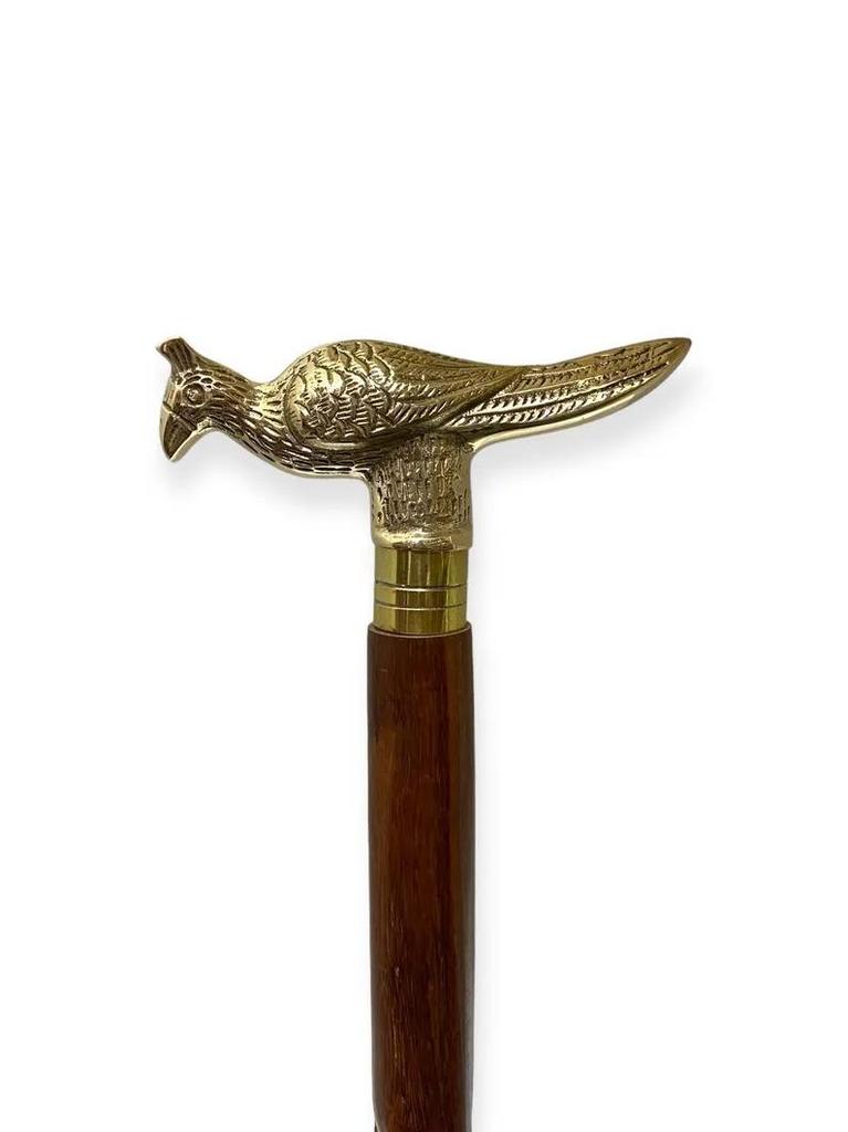 Vintage Brass Bird Cane Handle: Engraved Walking Stick Topper Artisan walking stick