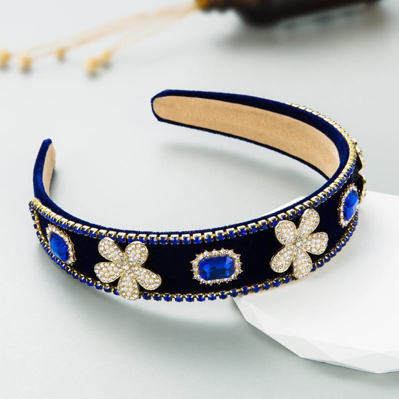 

Женская повязка для волос в стиле барокко, байковая повязка с инкрустацией кристаллами, винтажная повязка на голову, универсальный жемчужный головной убор OneSize синий