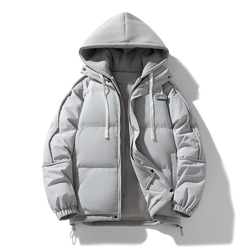 Chest Label Winter Cotton Coat Men and Women with The Same Paragraph Loose Hooded Striped Couple Paragraph Cotton Clothing Fake Two Pieces Jacket Men