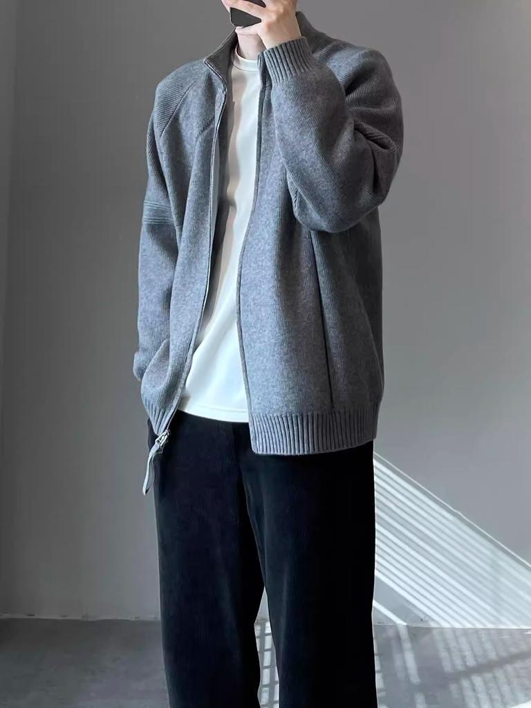 Solid Color Knitted Sweater Jacket Men's Spring and Autumn Lazy High-end Cardigan Japanese Retro Ruffian Handsome Stand-up Neck Sweater