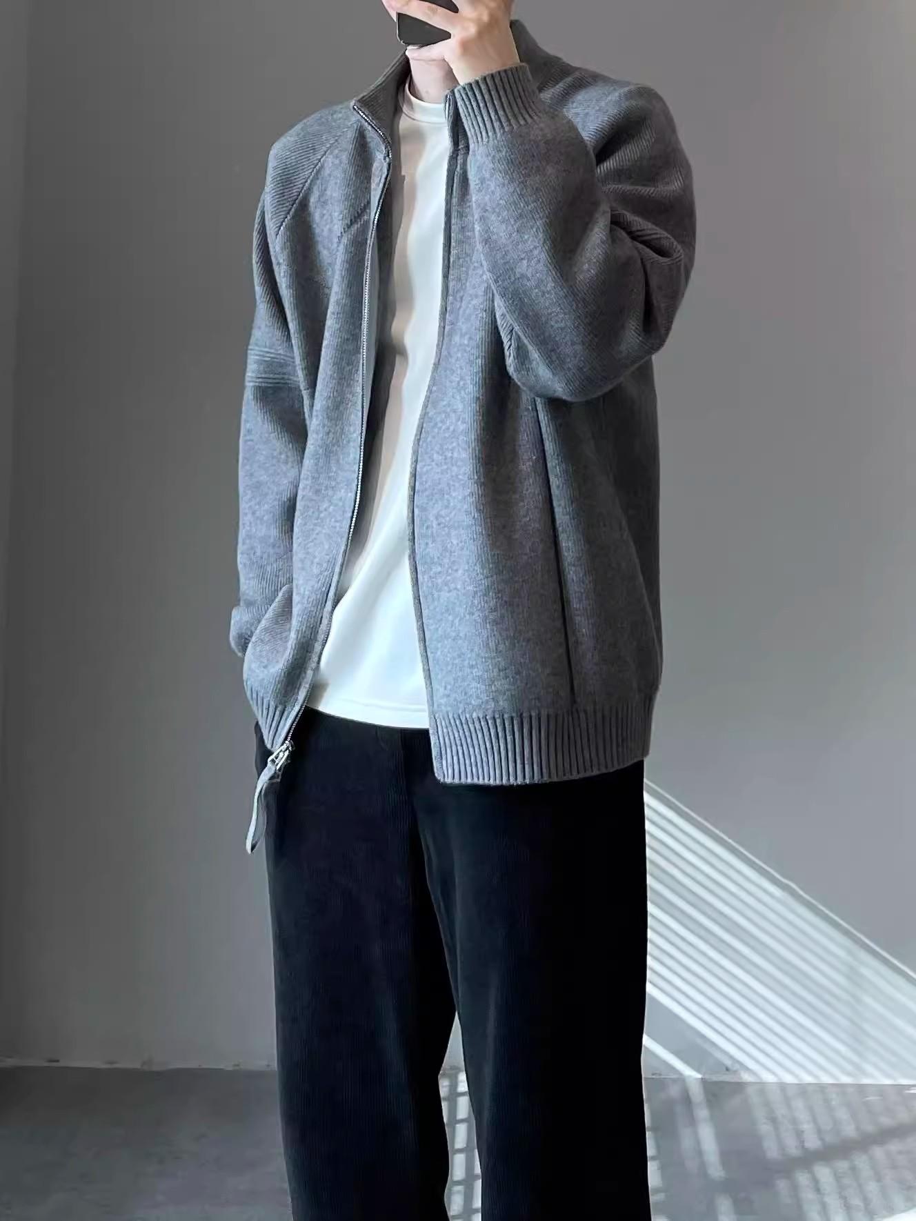 Однотонный вязаный кардиган-куртка мужской весенне-осенний ленивый высококачественный кардиган японский ретро бандитский красивый с воротником-стойкой свитер 2XL серый 3690₽