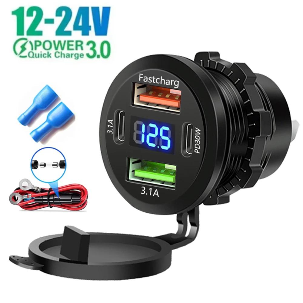83W PD30W Fast Charging 22.5W USB Type C 4 Ports Car Charger Socket with Voltmeter Power Outlet Adapter for 12V/24V RV Car Boat