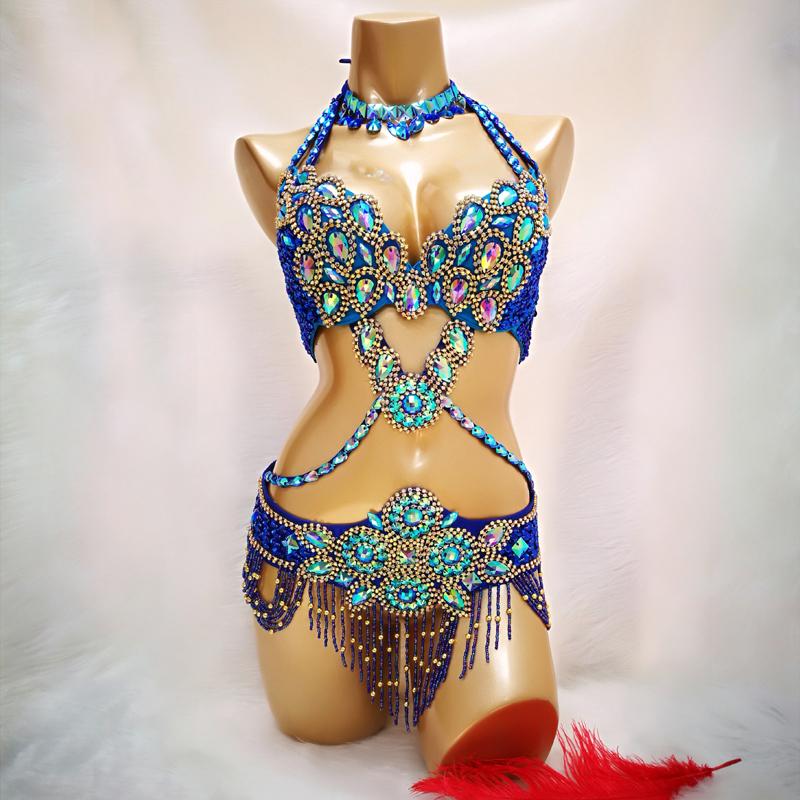 Hot Sale Women's Beaded Crystal Belly Dance Costume Wear Bra+Belt+Necklace 3pc Set Sexy Bellydancing Costumes Clothes