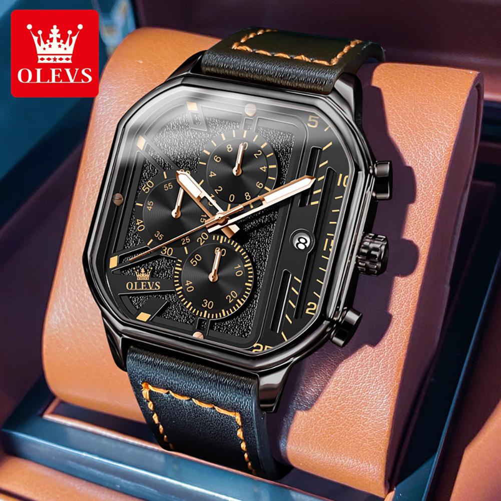 OLEVS Men's Watches Luxury Fashion Leather Strap Top Brand Square Quartz Wristwatch for Man Waterproof Luminous Date Chronograph