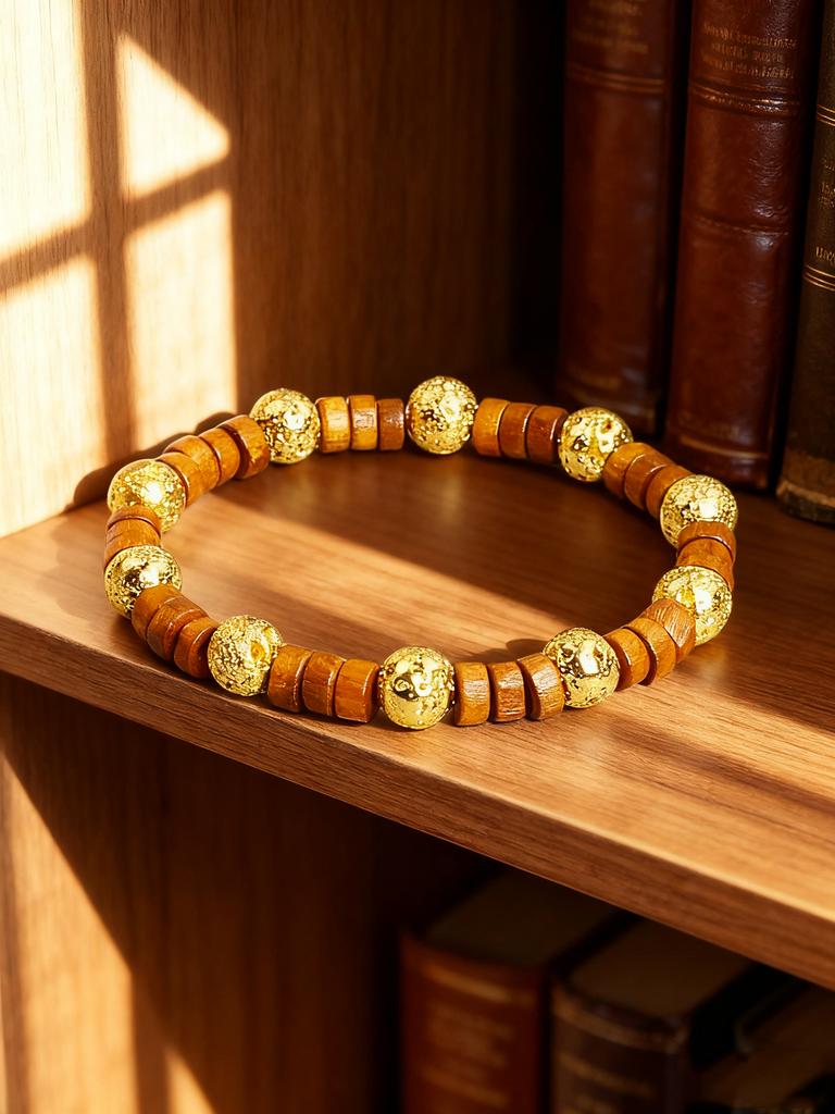 Retro Style Gold color Volcanic Lava Stone Beaded Bracelet Brown Wood Beads Energy Reiki Charm Grounding Protection Jewelry Gift