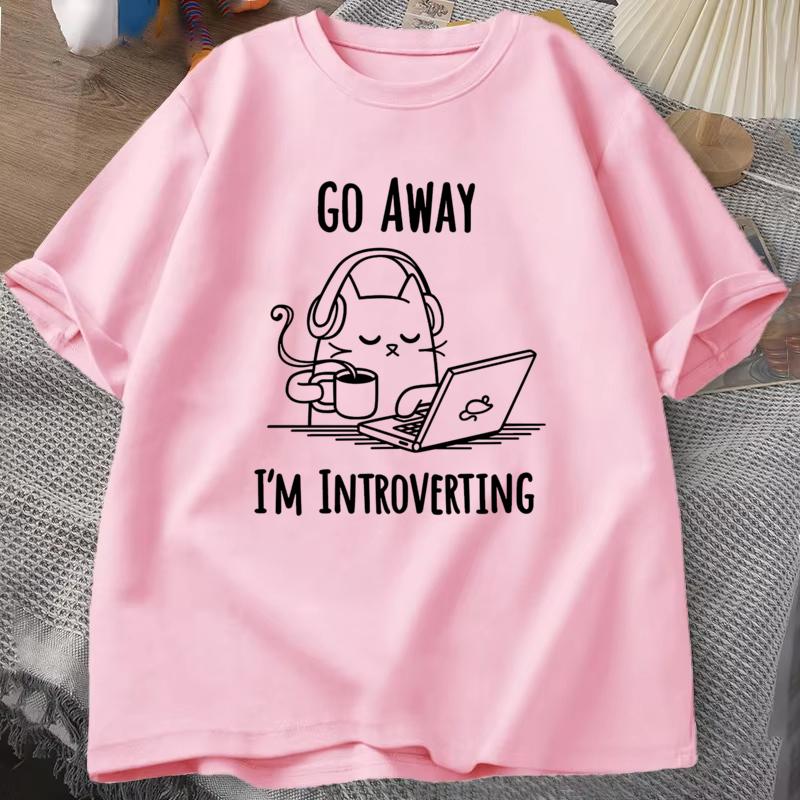 Смешная Кошка Уходи Я Интроверт Принт Повседневная Футболка Женская Футболка Летняя Повседневная С Короткими Рукавами Харадзюку Топы Унисекс Топы XXXL