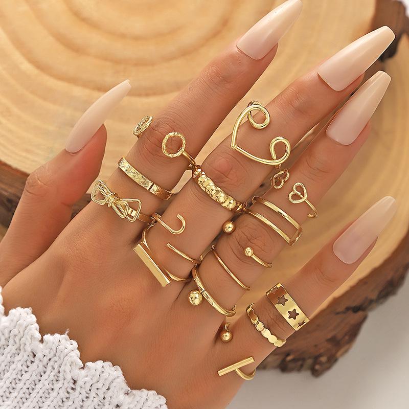 16-Piece Trendy Metal Bow Heart Ring Set