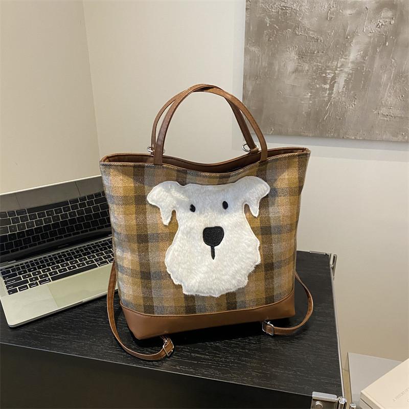 Adorable Trendy Plaid Tote Bag In White Cute Dog Design Perfect For Casual Outings