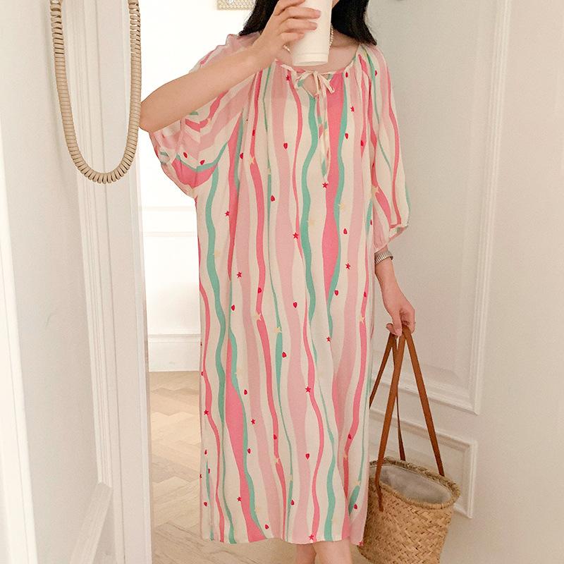 1011 new cotton and silk nightdress women's summer short-sleeved pajamas cartoon pony element long loose cotton silk skirt can be worn outside