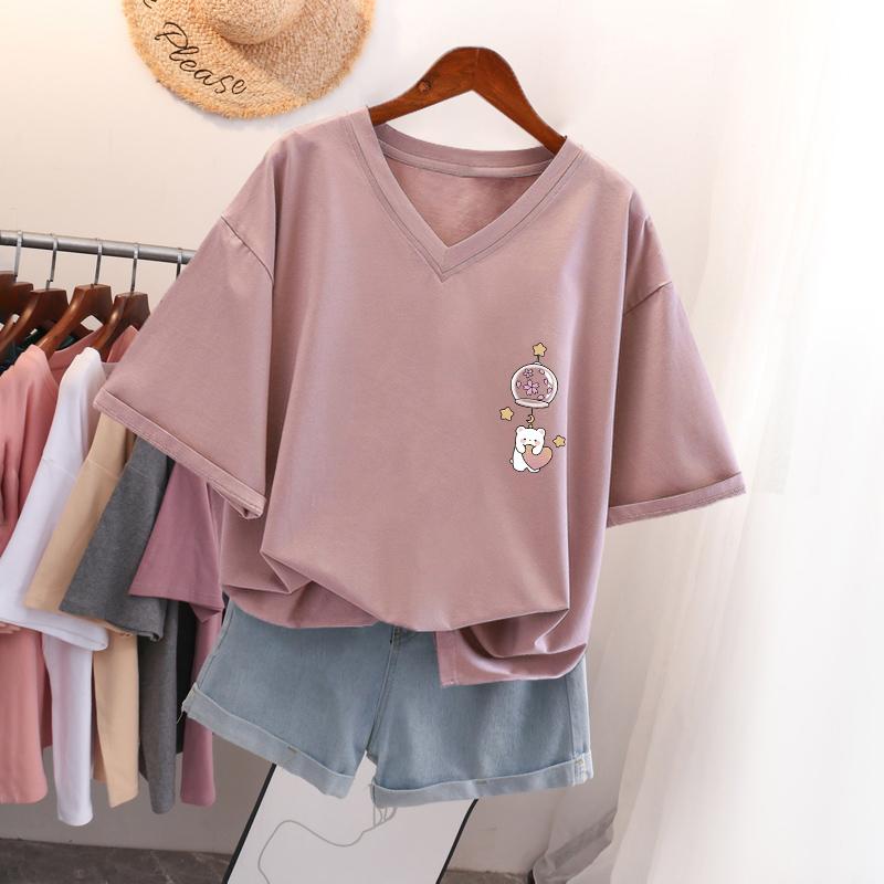 

Short-sleeved T-shirt for Women, Large Size, Loose and Slimming, Printed V-neck Top S темно-фіолетовий колір