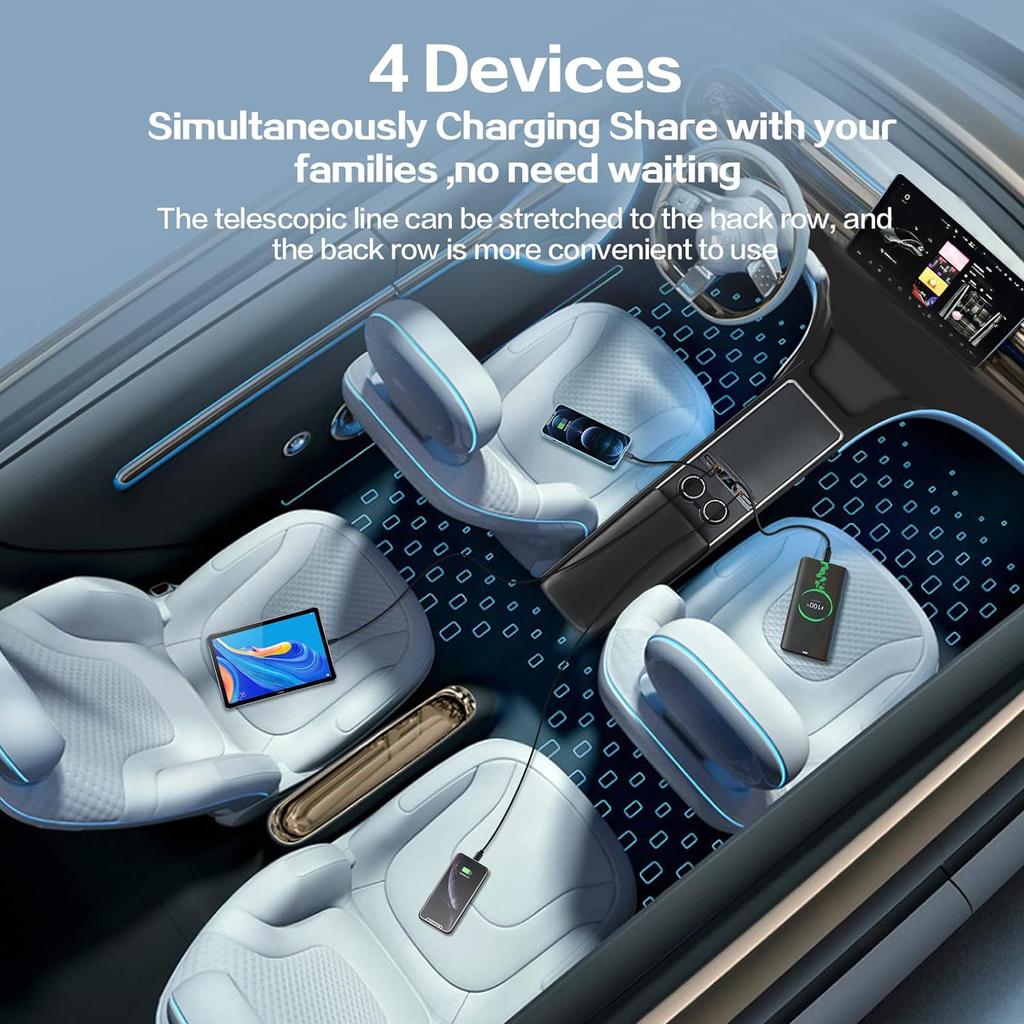 4in1 Center Console USB Hub Compatible for Tesla Model 3 Model Y Accessories 2025-2025 Fast Charge with Retractable Cable
