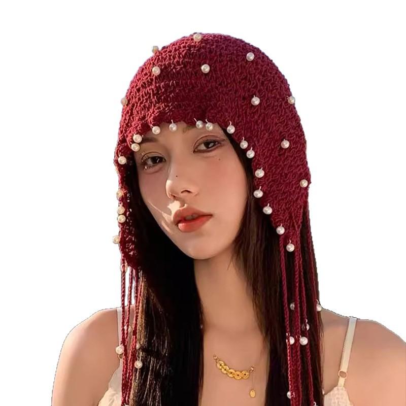 Hollow Out, Pearl Tassel Pendant, Headband Hat, Women's, Summer, Ethnic Style, Knitted Pullover Hat, Retro, Face Enhancing Small Hat