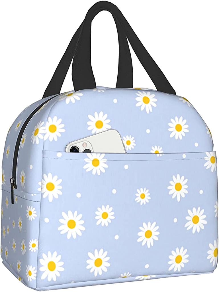 Insulated Lunch Box Daisy Flower Lunch Bag Spring Floral Reusable Bag Flowers Blue Cooler Tote Bags for Kids Teens Adults Girls