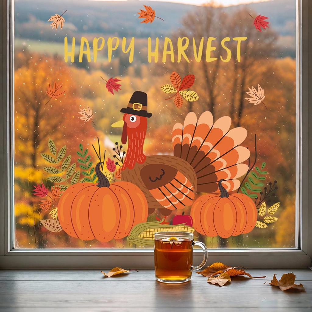 Autumn Harvest Electrostatic Stickers - Thanksgiving Turkey & Pumpkin PVC Glass Decor