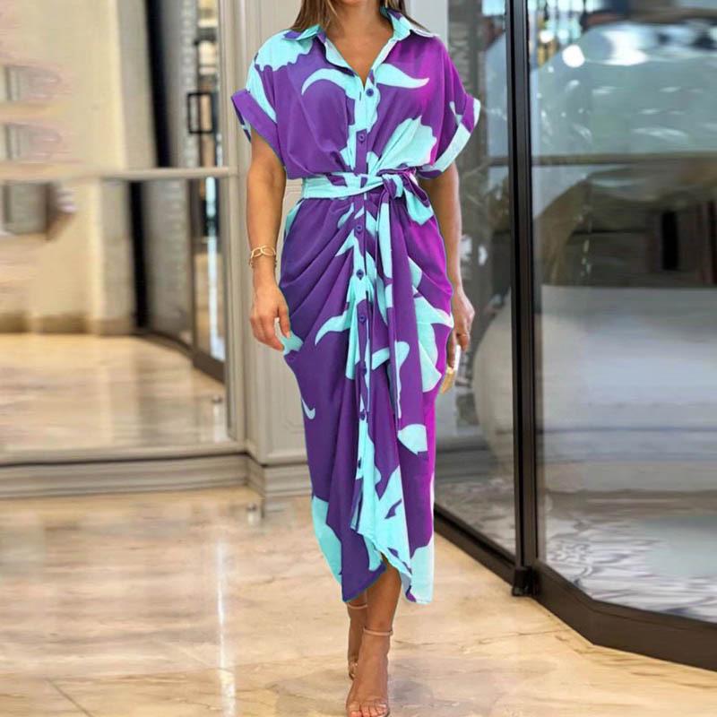 European & American Women's Fashion Print High Waist Short Sleeve Shirt Dress