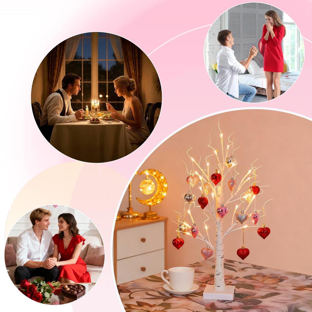 24 LED Birch Tree Light with 18 Heart Ornaments USB Battery Power Holiday Decorative Valentine Christmas Halloween Easter Gift