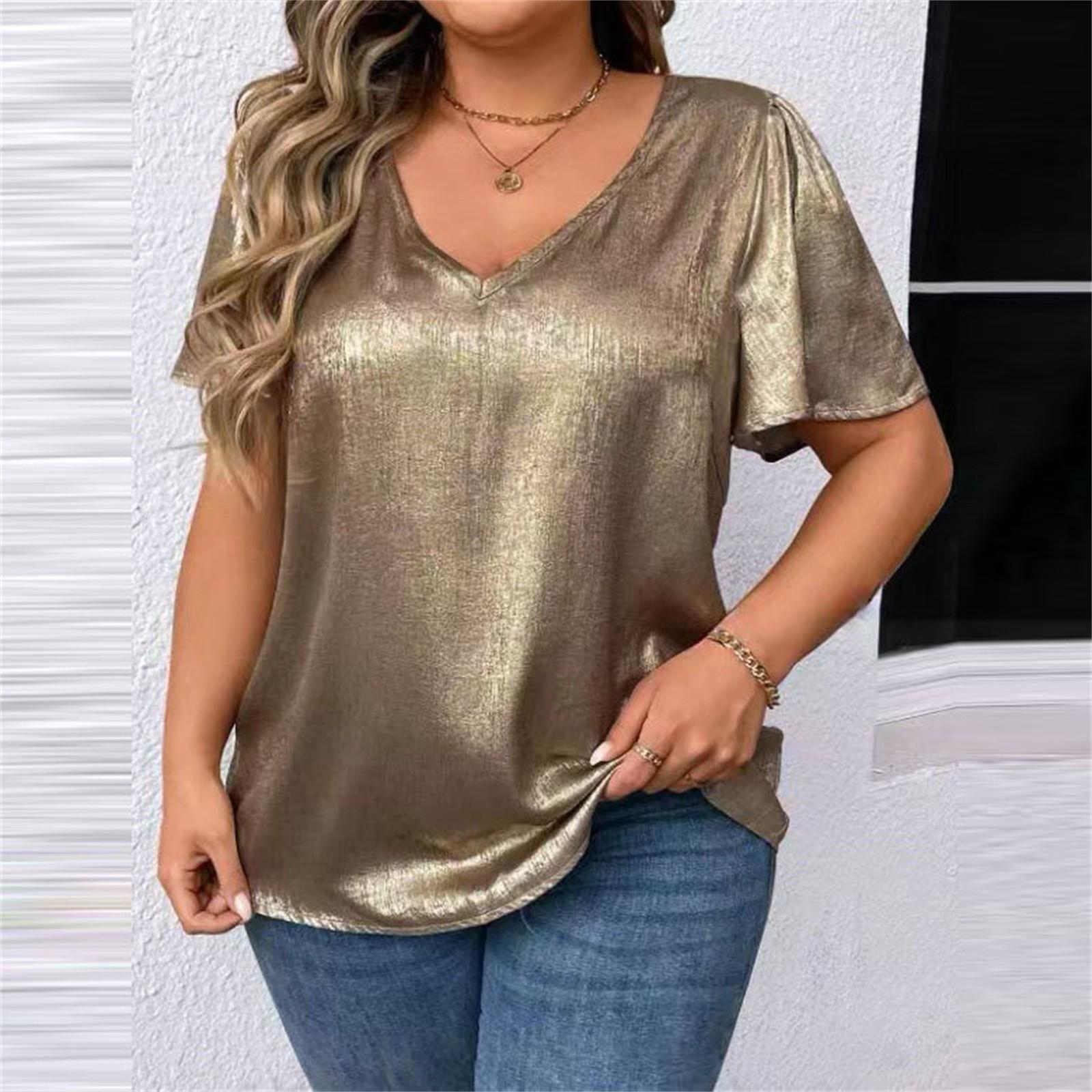 

T Shirts For Women Pleated R-Neck Dressy Casual Blouses Printing Short Sleeve Summer Tops Loose Fit XXL хакі